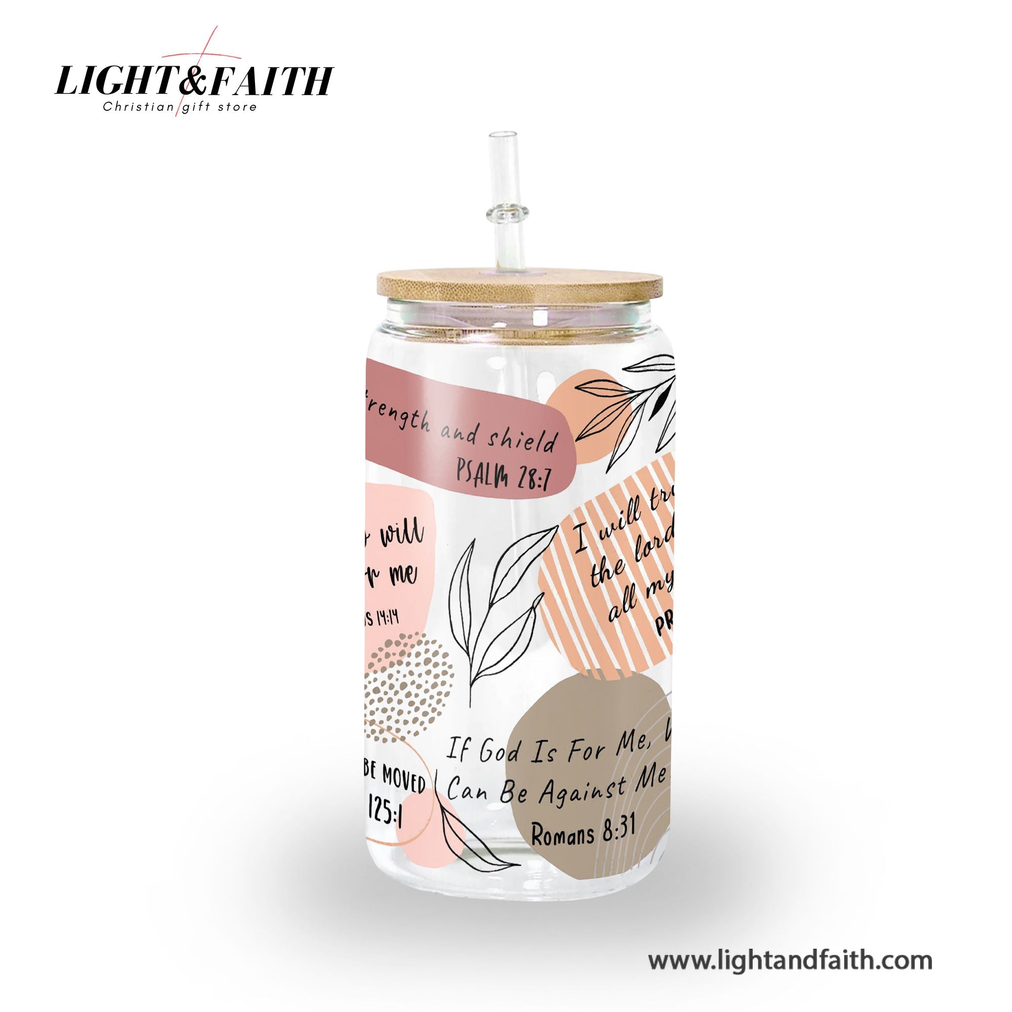 Christian Glass Can with Bamboo Lid and Straw, Abstract Scripture Cup, Bible Verse Iced Coffee Tumbler, Faith Gift for Women GCLAF37